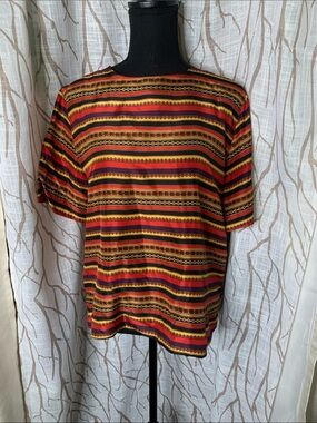 Lord & Taylor 100 Silk Striped Multicolor Short Sleeve Women's Top - Red/Gold